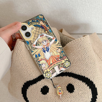 Japanese Cartoon Sailor Moon Phone Case with Strap Comic Version | Laser Glass Window Sailor Moon Mercury Mars Jupiter Venus - Phone Case Samsung Galaxy S26 S25 S24 S23 S22 S21 FE Ultra Edge