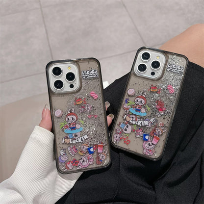 Cute Cartoon Labubu Zimomo QuickSand Glitter wth Black Case - iPhone Case 11 12 13 14 15 16 Pro Plus Promax