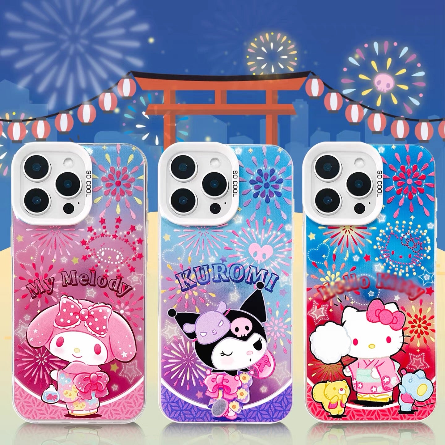Japanese Cartoon Sanrio Summer Festival Laser Case | Hello Kitty My Melody Kuromi 3 Styles - iPhone Case 11 12 13 14 15 16 16e 17 17e Pro Promax
