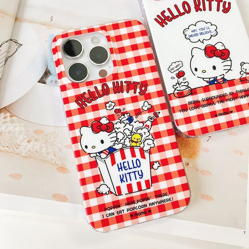 Japanese Cartoon Sanrio Hello Kitty | White Goldfish & Red Popcorn - iPhone Case 13 14 15 Pro Promax