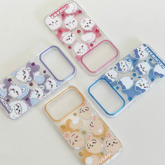 Japanese Cartoon ChiiKawa Gittler Colour Clear Case with Phone Strap | Full Emo Chiikawa Hachiware Usagi Momonga - iPhone Case Plus SE2 11 12 13 14 15 16 16e 17 17e Pro Promax 12mini 13mini
