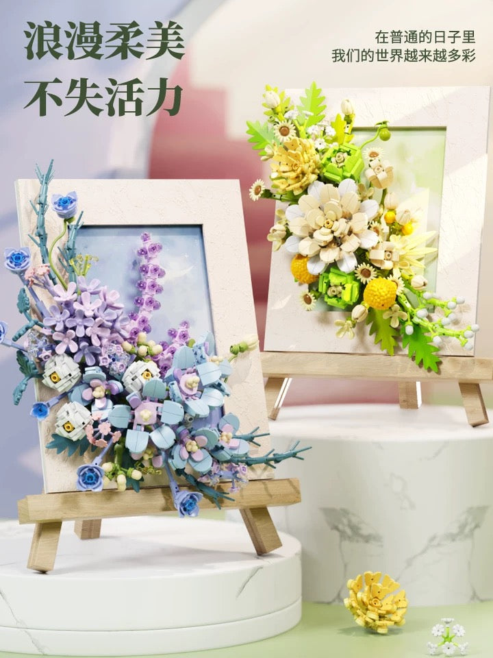 Block Building Romantic Flower Frame | Purple Blue White Green - DIY Handmade Mini World Miniature Gift
