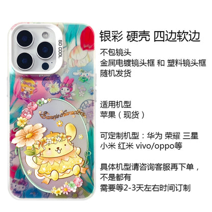 Japanese Cartoon Sanrio Spring Flower Fairy | Hello Kitty My Melody Kuromi Cinnamoroll Pompompurin Hangyodon Laser Silver - iPhone Case 11 12 13 14 15 16 16e Pro Promax - KawaiiGiftLand
