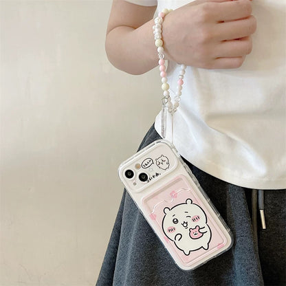 Japanese Cartoon Chiikawa | ChiiKawa Hachiware Usagi Happy Outing with Card Holder & Handle Strap - Phone Case Samsung Galaxy S25 S24 S23 S22 S21 FE Ultra Edge