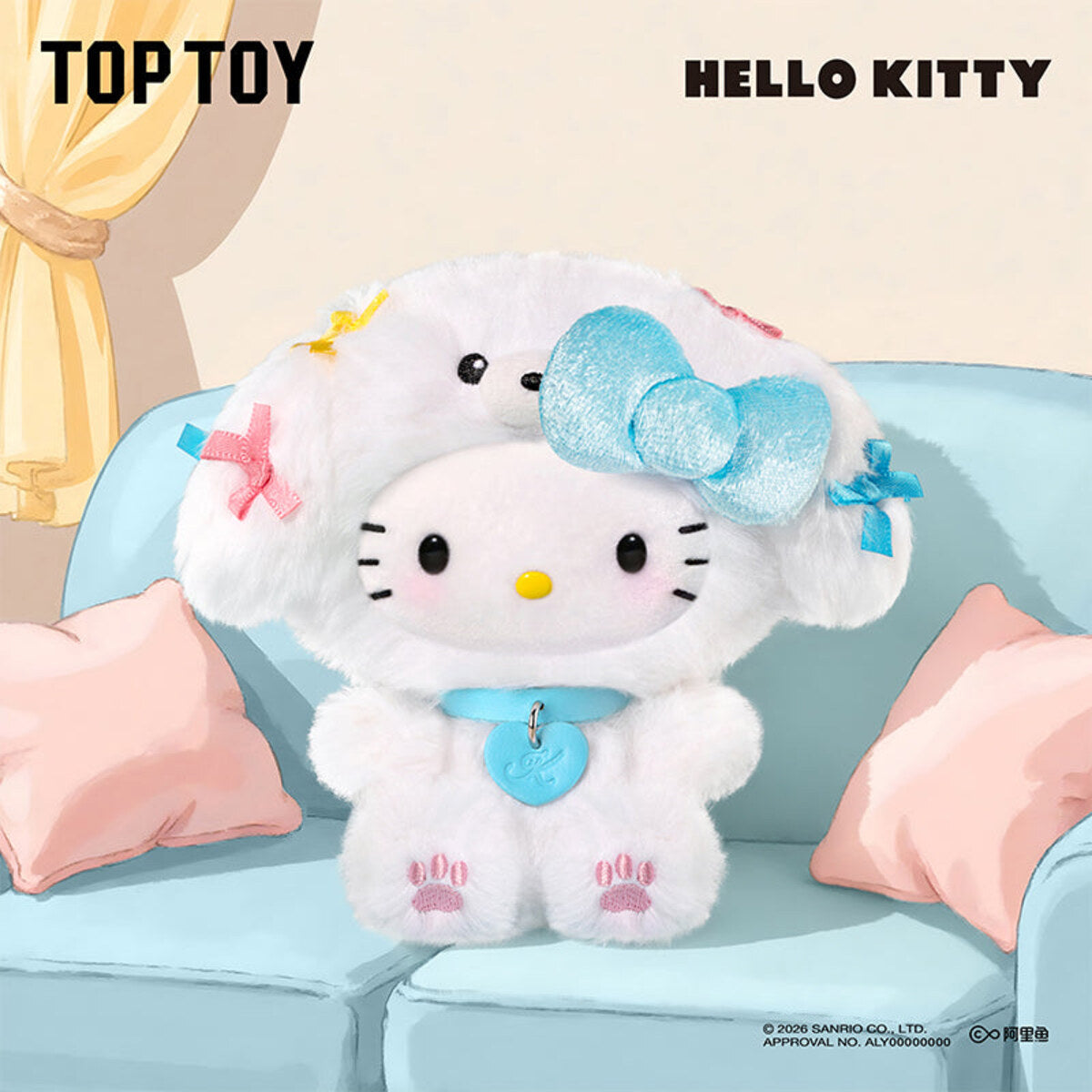 Hello Kitty Puppy Party Series plush pendant in Maltese costume with blue bow