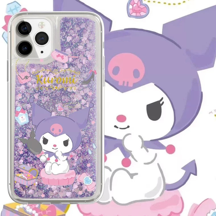 Japanese Cartoon Kuromi Make Up - Purple Glitter QuickSand iPhone Case 6 7 8 PLUS SE2 XS XR X 11 12 13 14 15 Pro Promax 12mini 13mini