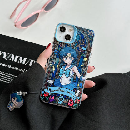 Japanese Cartoon Sailor Moon Phone Case with Strap | Laser Glass Window - iPhone Case PLUS SE2 XS XR X 11 12 13 14 15 Pro Promax 12mini 13mini