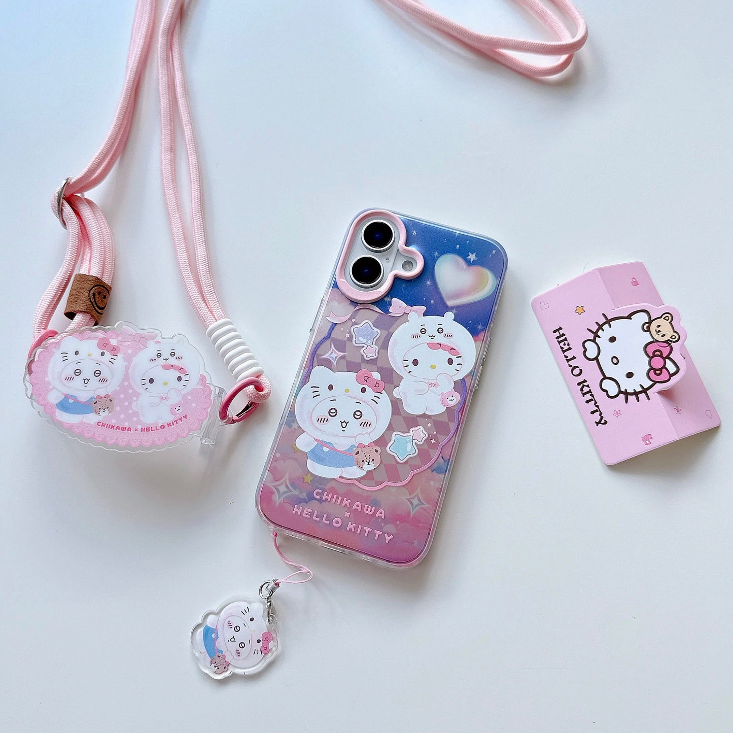 Japanese Cartoon ChiiKawa Phone Back Clip with Phone Lanyard | Kitty Chiikawa Cinnamoroll Hachiware Pompompurin Usagi Kuromi Momonga Melody Crab - for All Smart Phones