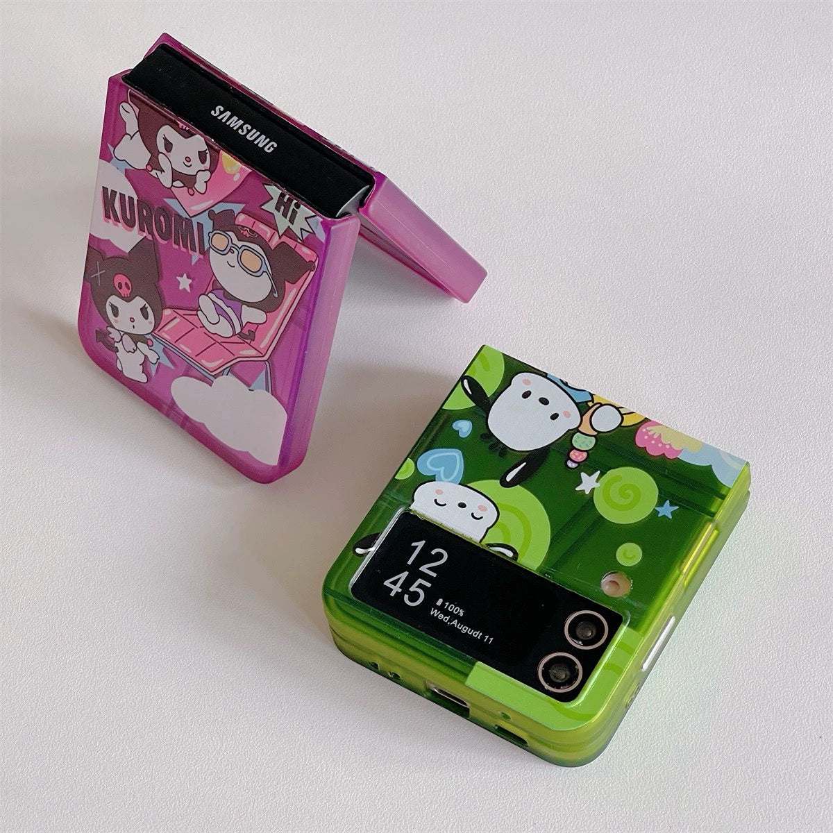 Japanese Cartoon | Plating Purple Kuromi Green Pochacco - Phone Case Samsung Galaxy Z Flip 3 4 5 W23 W24 Filp