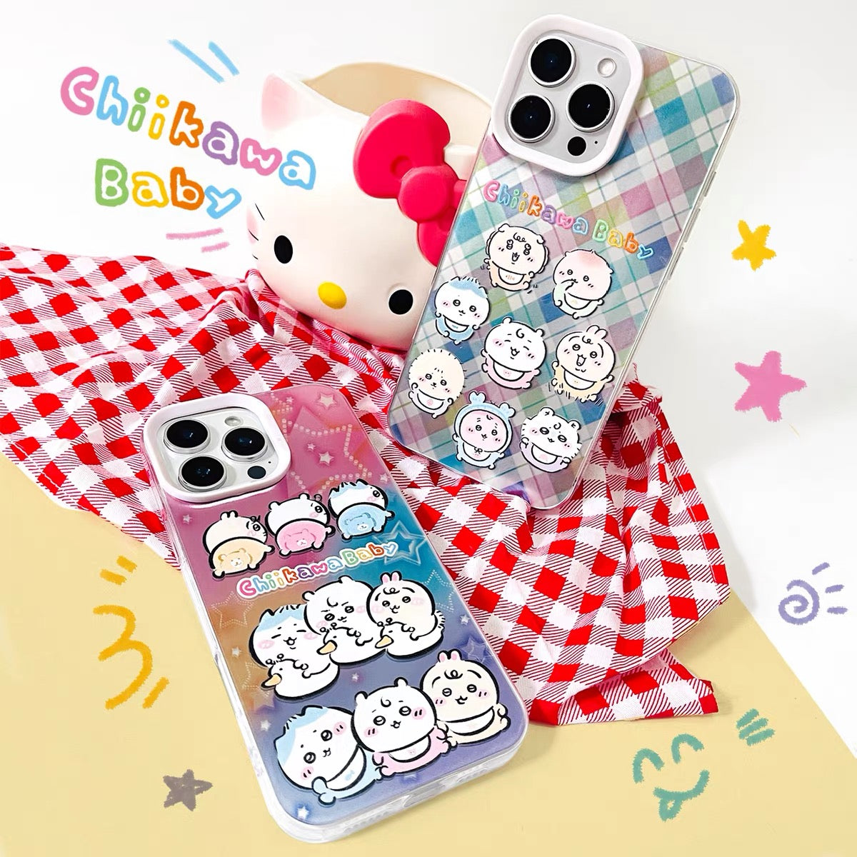 Japanese Cartoon ChiiKawa Baby Laser Case | Colourful Plaid & Star 2 Styles - iPhone Case 11 12 13 14 15 16 16e 17 17e Pro Promax