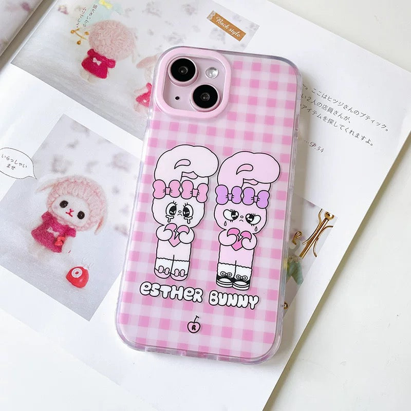 Korean Cartoon Fashion Esther Bunny | Big Face & Twin Sisters - iPhone Case 13 14 15 Pro Promax