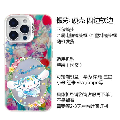 Japanese Cartoon Sanrio Spring Flower Fairy | Hello Kitty My Melody Kuromi Cinnamoroll Pompompurin Hangyodon Laser Silver - iPhone Case 11 12 13 14 15 16 16e Pro Promax - KawaiiGiftLand