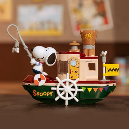 Pan Tasy x Peanut Go to Where Series | Biplane School Bus Steam Boat Roadster - Lovely Dog and Yellow Birds Building Blocks Toy Collections