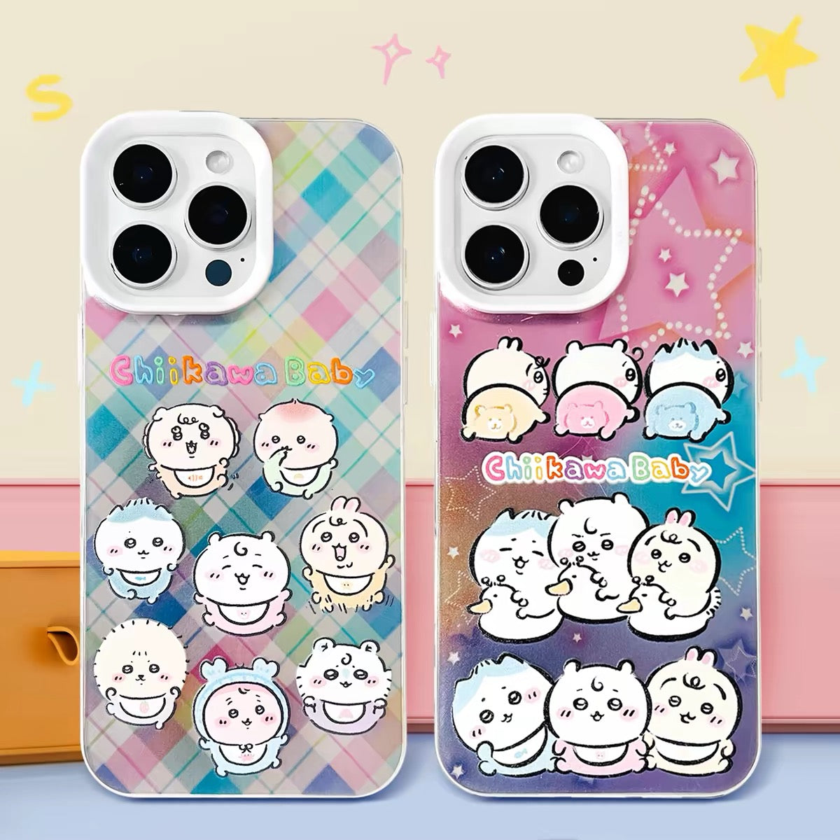 Japanese Cartoon ChiiKawa Baby Laser Case | Colourful Plaid & Star 2 Styles - iPhone Case 11 12 13 14 15 16 16e 17 17e Pro Promax