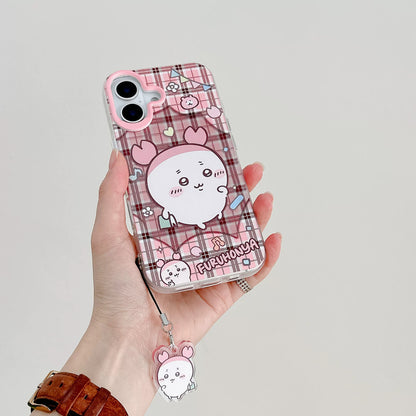 Japanese Cartoon ChiiKawa Laser Phone Case with Strap | Retro Plaid Rakko Kurimanju Shisa Furuhonya - iPhone Case PLUS SE2 11 12 13 14 15 16 16e 17 17e Pro Promax 12mini 13mini