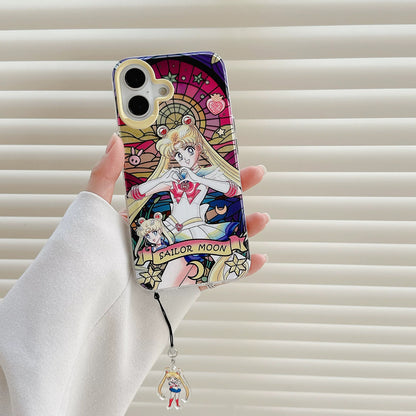 Japanese Cartoon Sailor Moon Phone Case with Strap Comic Version | Laser Glass Window Sailor Moon Mercury Mars Jupiter Venus - Phone Case Samsung Galaxy S26 S25 S24 S23 S22 S21 FE Ultra Edge