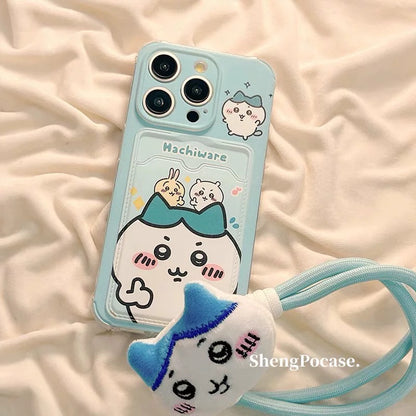 Japanese Cartoon Chiikawa | ChiiKawa Hachiware Usagi Happy Good with Card Holder & Handle Strap - iPhone Case 11 12 13 14 15 16 17 Pro Promax