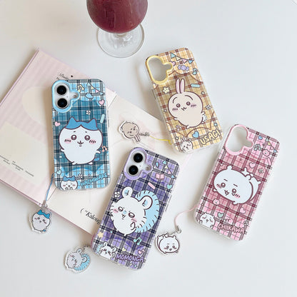 Japanese Cartoon ChiiKawa Laser Phone Case with Strap | Retro Plaid ChiiKawa Hachiware Usagi Momonga - Phone Case Samsung Galaxy S26 S25 S24 S23 S22 S21 FE Ultra Edge