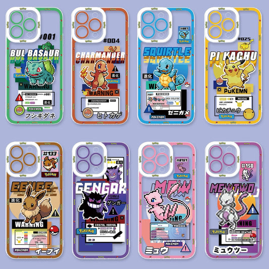 Japan Cartoon Pokemon Game Pixel Version | Bulbasaur Charmander Squirtle Pikachu Eevee Gengar Mew Mewtwo - iPhone Case PLUS SE2 XS XR X 11 12 13 14 15 16 16e 17 17e Pro Promax 12mini 13mini