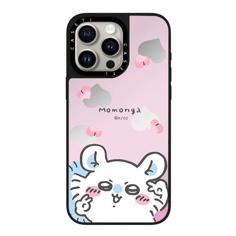 Japanese Cartoon ChiiKawa Transparent Black Frame & Mirror Phone Case | Yeah Selfie and Love Stawberry - iPhone Case 12 13 14 15 16 17 Pro Promax