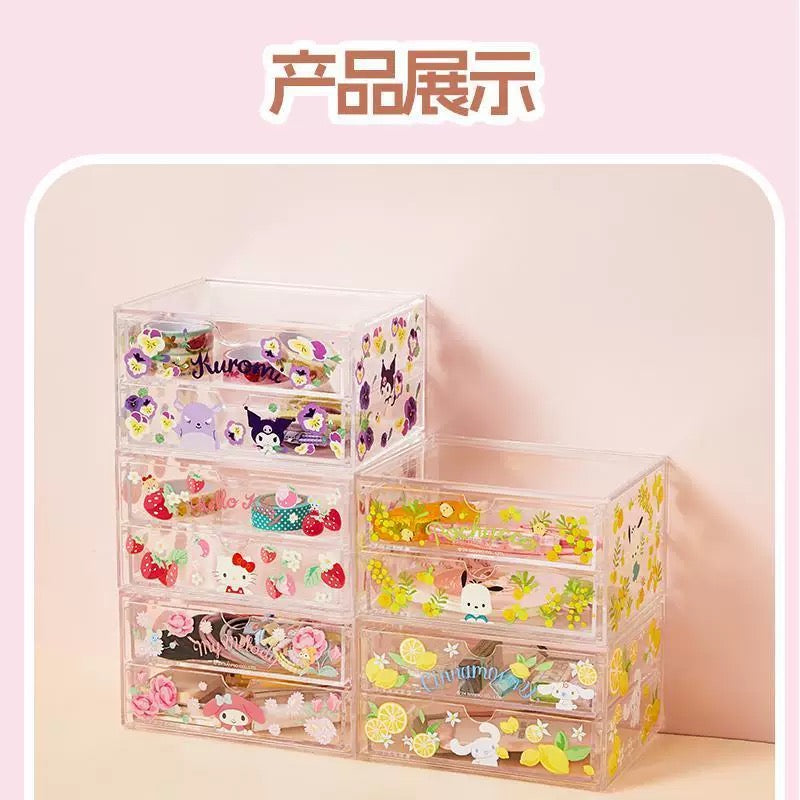 Sanrio X Miniso | Hello Kitty My Melody Kuromi Cinnamoroll Pochacco Flower Garden 2 Layers Storage Drawer - Kawaii Desk Helper items Room Decoration