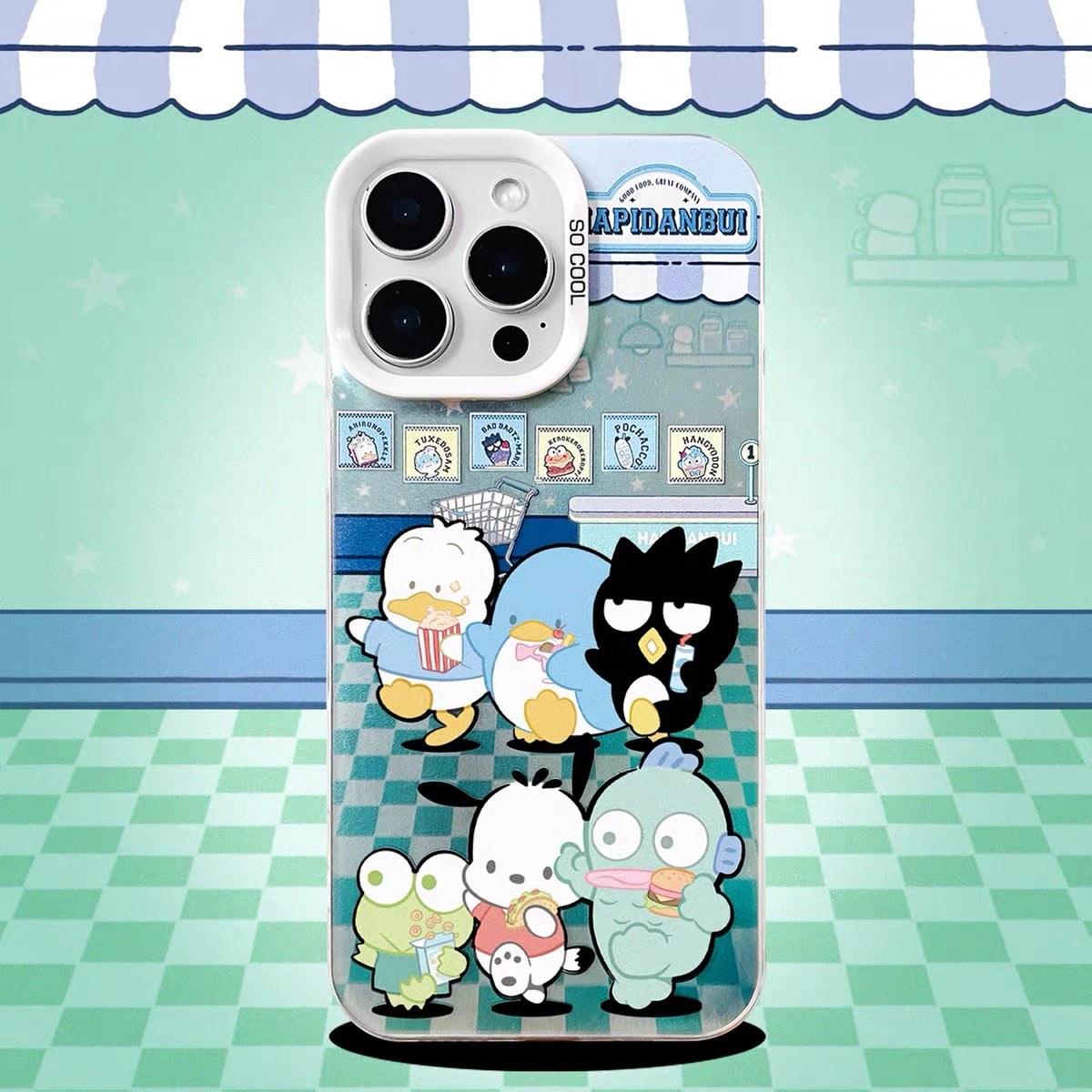 Japanese Cartoon Sanrio Boy Band Laser Case | Pochacco Keroppi Hangyodon Bad Badtz Maru AhirunoPekkle Tuxedosam - iPhone Case 11 12 13 14 15 16 16e 17 17e Pro Promax