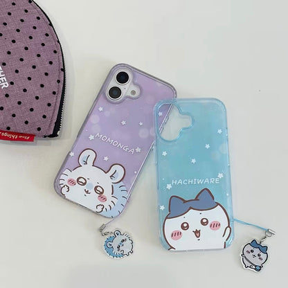 Japanese Cartoon ChiiKawa Gittler Colour Clear Case with Phone Strape | Say Hi Chiikawa Hachiware Usagi Momonga - iPhone Case Plus SE2 11 12 13 14 15 16 16e 17 17e Pro Promax 12mini 13mini