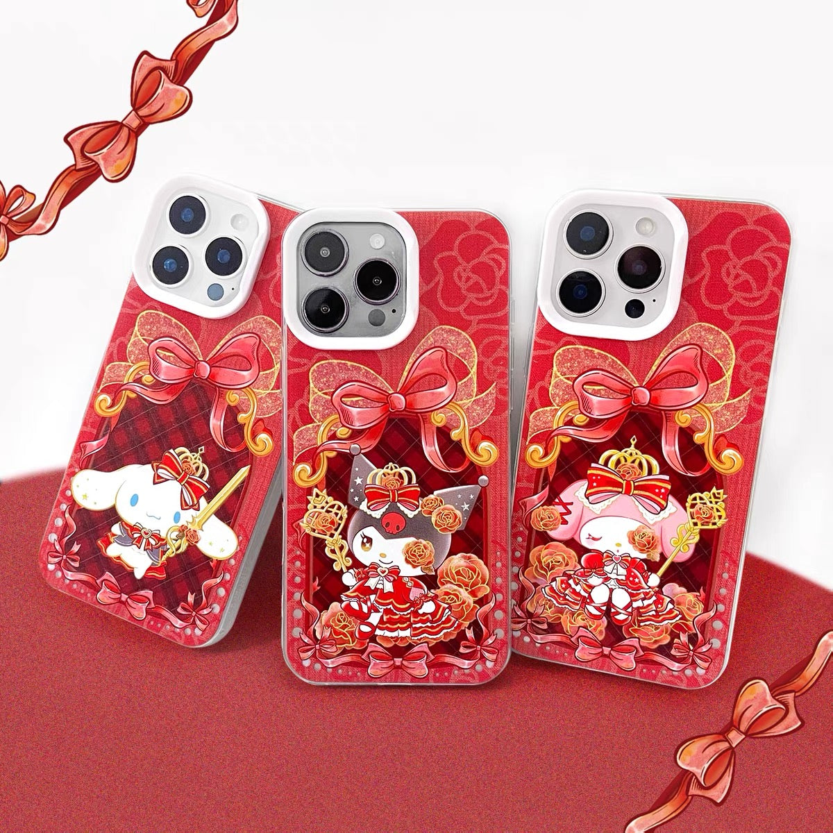 Japanese Cartoon Sanrio Red Rose Laser Case | Hello Kitty My Melody Kuromi Cinnamoroll Hangyodon 5 Styles - iPhone Case 11 12 13 14 15 16 16e 17 17e Pro Promax