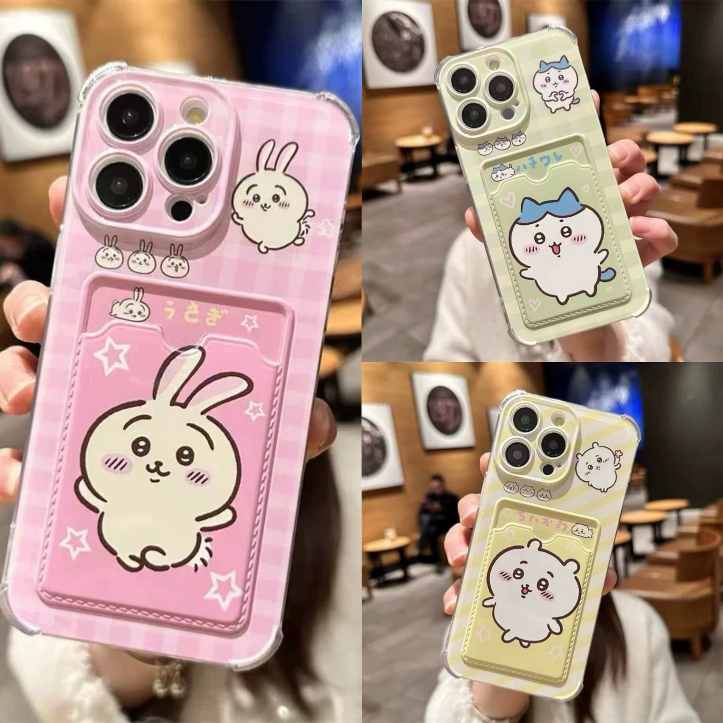 Japanese Cartoon Chiikawa | ChiiKawa Hachiware Usagi with Card Holder - iPhone Case 11 12 13 14 15 16 17 Pro Promax