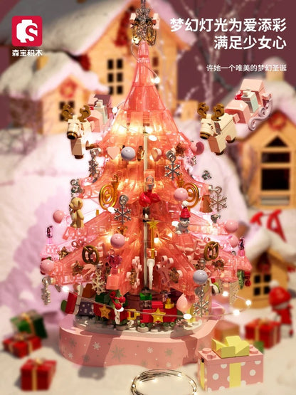 Mini Block Building Crystal Christmas Tree Music Box | Pink - DIY Handmade Xmas Gift
