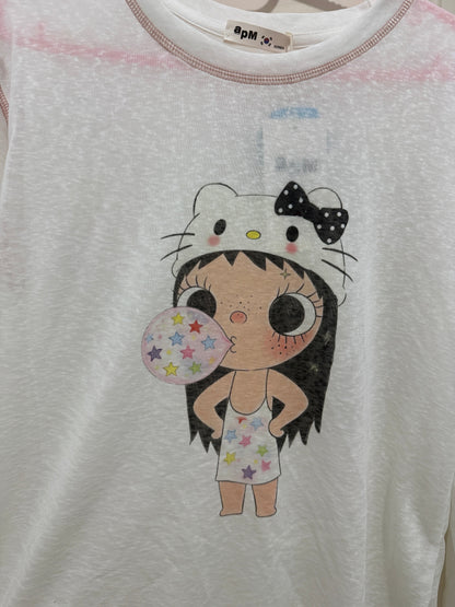 Korean Fashion Artists Style Long-sleeved Sun Protection T-Shirt Series | Little Girl Yuk with Kitty Hat and Star Bubble - Kawaii Fashion Items