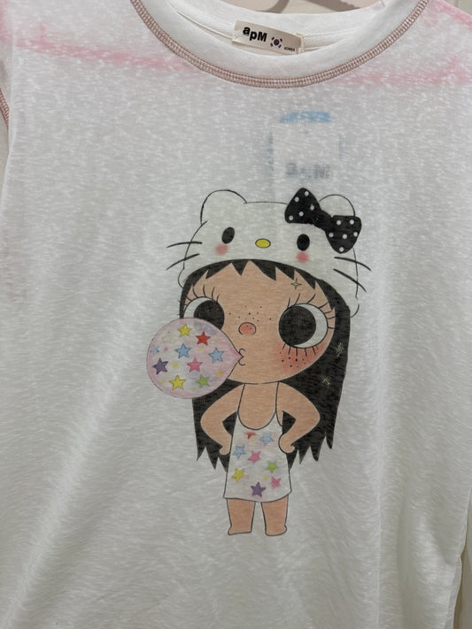 韓国ファッションアーティスト風長袖日焼け止めTシャツシリーズ | キティハットと星のシャボン玉をかぶったリトルガールユク - カワイイファッションアイテム
