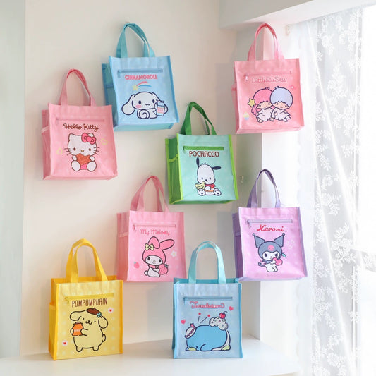 Japanese Cartoon with Foodie Lunch Handbag | Hello Kitty My Melody Kuromi Little Twin Stars Cinnamoroll Pompompurin Pochacco Tuxedosam - Small Tote Bag Can Keep Warm Picnic