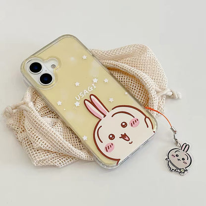 Japanese Cartoon ChiiKawa Gittler Colour Clear Case with Phone Strape | Say Hi Chiikawa Hachiware Usagi Momonga - iPhone Case Plus SE2 11 12 13 14 15 16 16e 17 17e Pro Promax 12mini 13mini