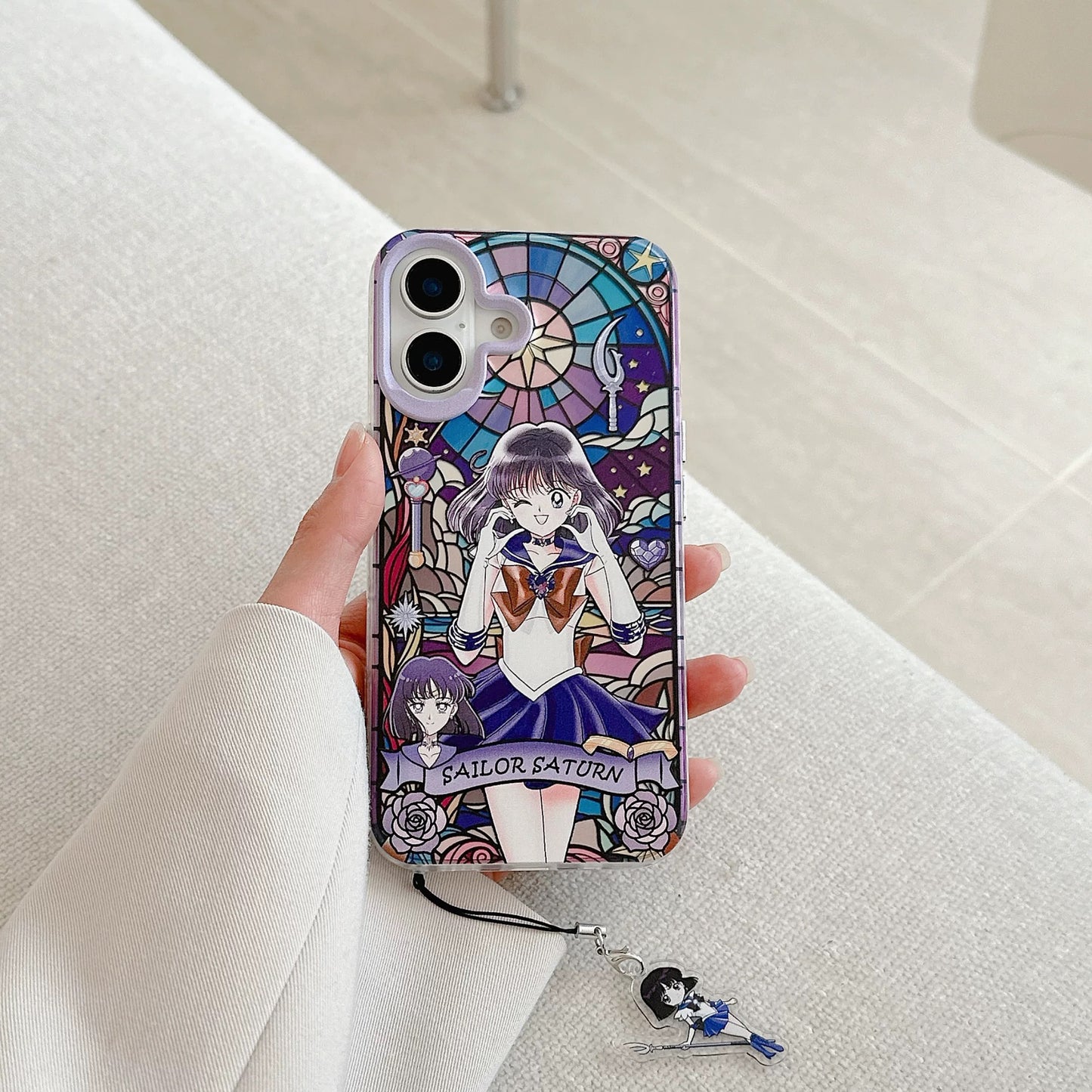 Japanese Cartoon Sailor Moon Phone Case with Strap Comic Version | Laser Glass Window Sailor Uranus Neptune Pluto Saturn Chibi Moon - Phone Case Samsung Galaxy S26 S25 S24 S23 S22 S21 FE Ultra Edge