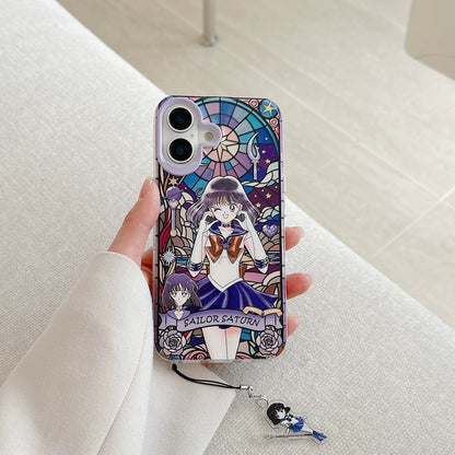Japanese Cartoon Sailor Moon Phone Case with Strap Comic Version | Laser Glass Window Sailor Uranus Neptune Pluto Saturn Chibi Moon - Phone Case Samsung Galaxy S26 S25 S24 S23 S22 S21 FE Ultra Edge