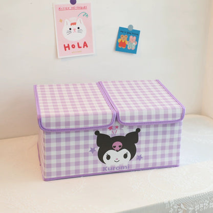 Japanese Cartoon 2 Covers Colourful Checkered Pattern Storage Box with Cover | Hello Kitty My Melody Kuromi Little Twin Stars Cinnamoroll Pompompurin Pochacco KeroKeroKeroppi Bad Badtz Maru - Bedroom Girl Gift