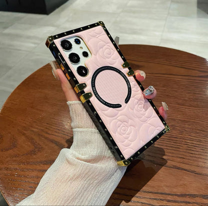 Vintage Style Magnetic Phone Case | Camellia Flower White Black Blue Orange Pink Brown - Phone Case Samsung Galaxy S24 S23 S22 Ultra KawaiiGiftLand