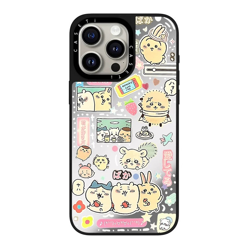 Japanese Cartoon ChiiKawa Transparent Black Frame & Mirror Phone Case | Yeah Selfie and Love Stawberry - iPhone Case 12 13 14 15 16 17 Pro Promax