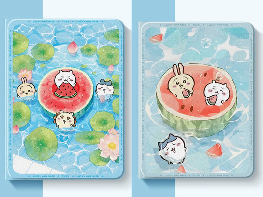 Japanese Cartoon ChiiKawa 360 Swivel Silicone iPad Case | Chiikawa Hachiware Usagi Eating Watermelon - iPad Mini 4,5,6/ iPad Air 4/ iPad Pro