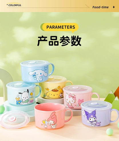 Sanrio Ceramic Bowl with Plastic Cover | Hello Kitty My Melody Kuromi Cinnamoroll Pompompurin Pochacco - Rice Noodles Bowl Food Box