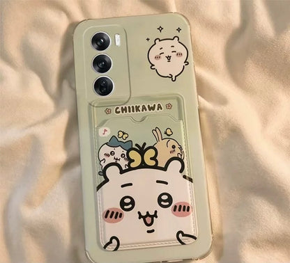 Japanese Cartoon Chiikawa | ChiiKawa Hachiware Usagi Happy Good with Card Holder & Handle Strap - Phone Case Samsung Galaxy S25 S24 S23 S22 S21 FE Ultra Edge