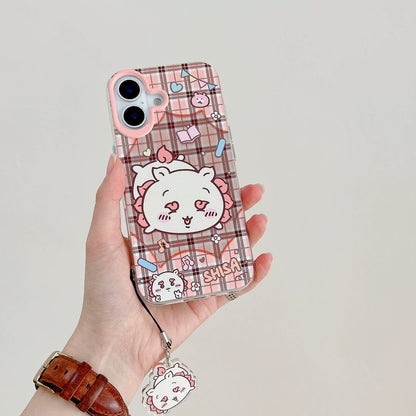 Japanese Cartoon ChiiKawa Laser Phone Case with Strap | Retro Plaid Rakko Kurimanju Shisa Furuhonya - iPhone Case PLUS SE2 11 12 13 14 15 16 16e 17 17e Pro Promax 12mini 13mini