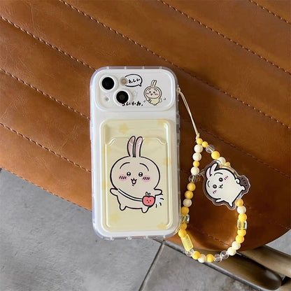Japanese Cartoon Chiikawa | ChiiKawa Hachiware Usagi Happy Outing with Card Holder & Handle Strap - Phone Case Samsung Galaxy S25 S24 S23 S22 S21 FE Ultra Edge