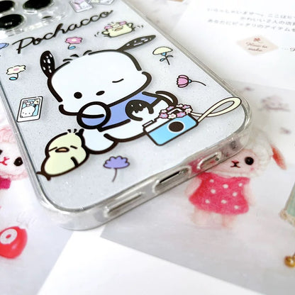 Japanese Cartoon Sanrio Pochacco | Pink Camera & White Traveling - iPhone Case 13 14 15 Pro Promax