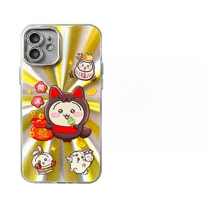 Japanese Cartoon ChiiKawa Folklore Kitsune Gold Laser Case | ChiiKawa Hachiware Usagi Momonga - iPhone Case 11 12 13 14 15 16 16e 17 17e Pro Promax