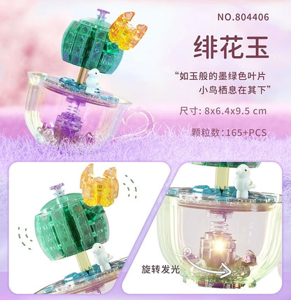 Mini Block Building Crystal Succulent Plants with Animals Cactus - Tiny Particle Assembly DIY Handmade Gift with Led Light