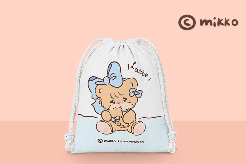 Mikko illustration Drawstring Pockets | Lovely Bear Latte Dog Souffie Kitten Mousse Rabbit Cammy - 3 Size Tidy up Bag Kawaii Style