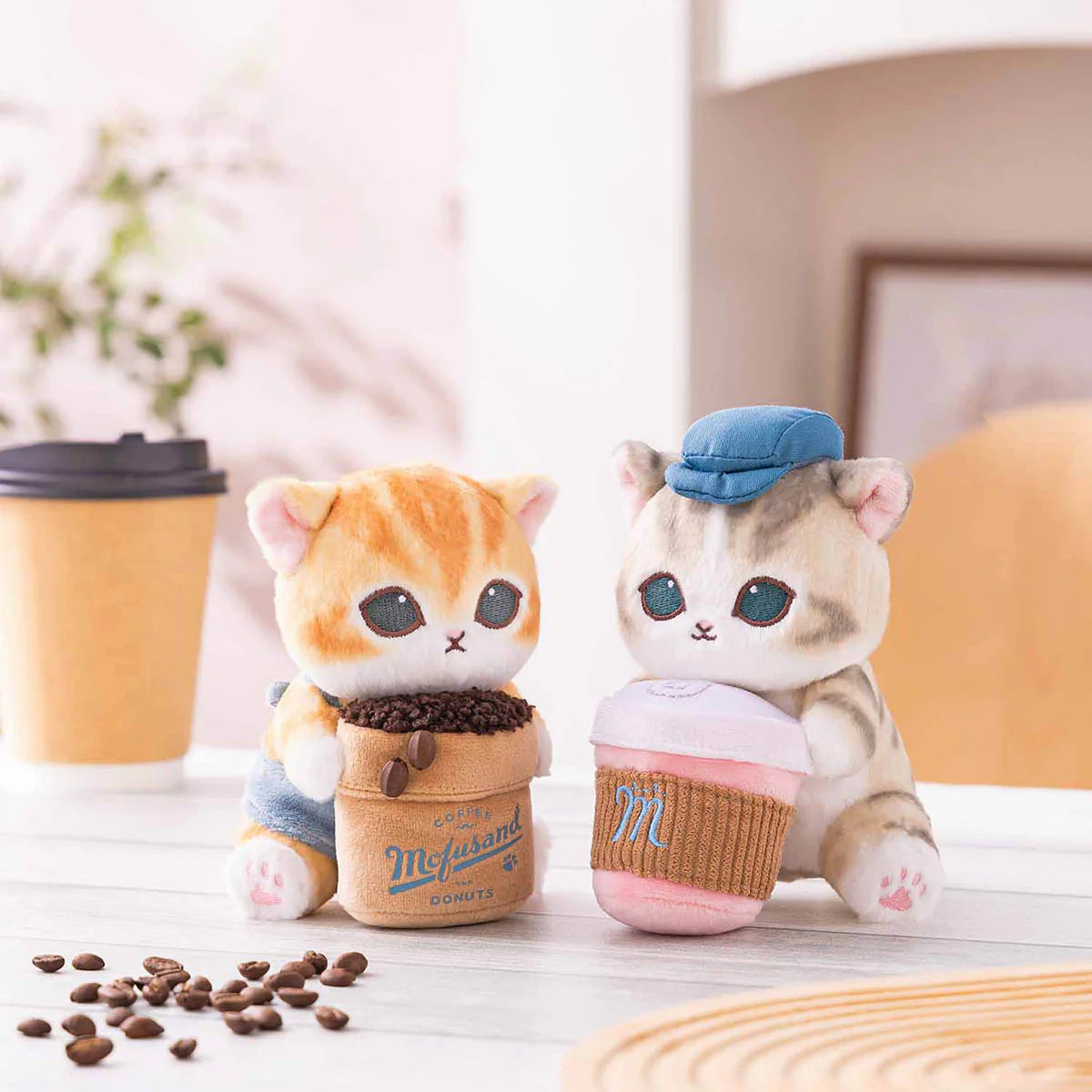 Japan Mofusand | Mofusand Cat Holding Coffee Cup and Donuts Desktop Hanging Plush Doll - Kawaii items Room Decoration Doll