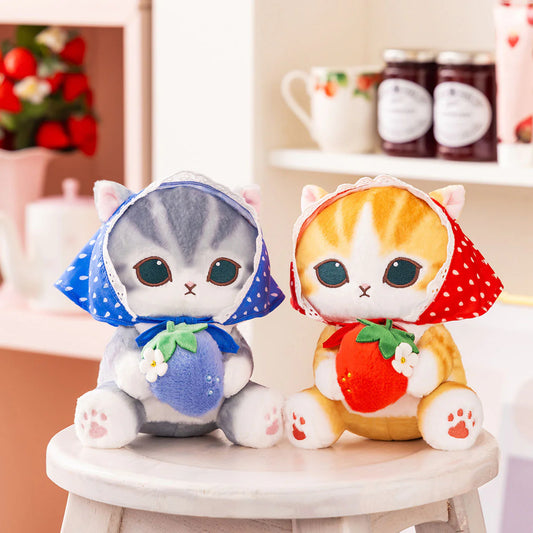 Japan Mofusand Merci Strawberry Series | Mofusand Cat Wearing Babushka Scarf Holding Strawberry Cute Plush Doll - Kawaii items Room Decoration Doll